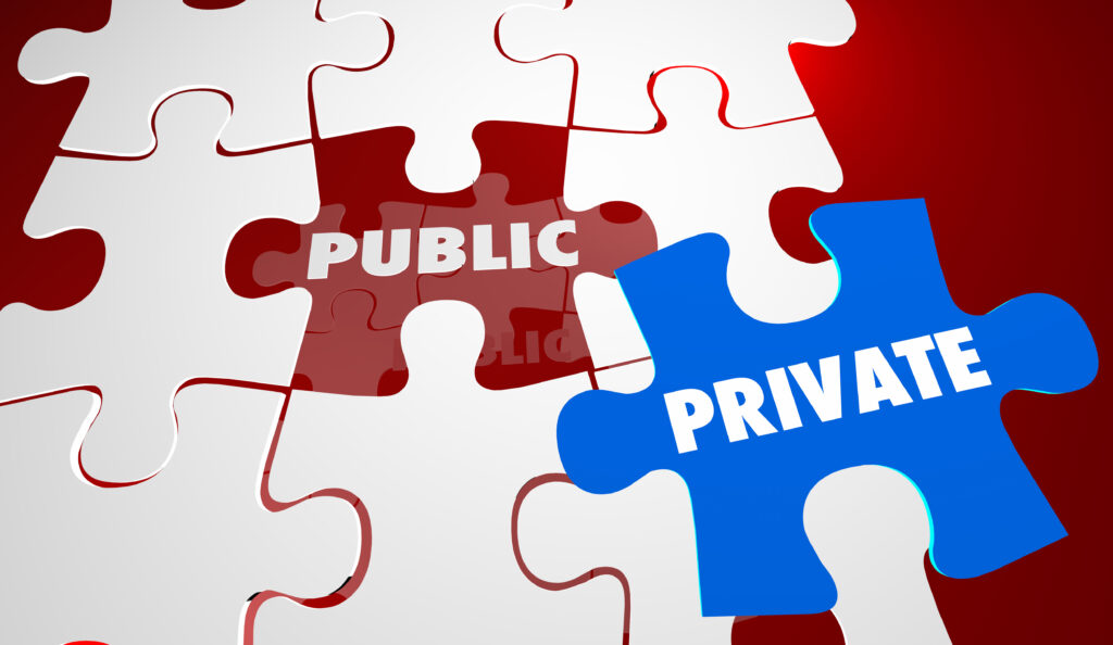 Puzzle pieces showing a blue PRIVATE piece fitting into a PUBLIC slot.